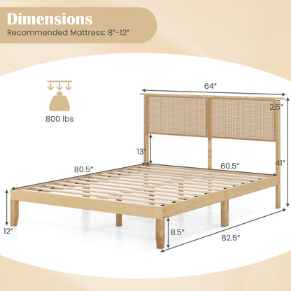 Boho Rattan Headboard Wooden Platform Bed Frame – Queen Size