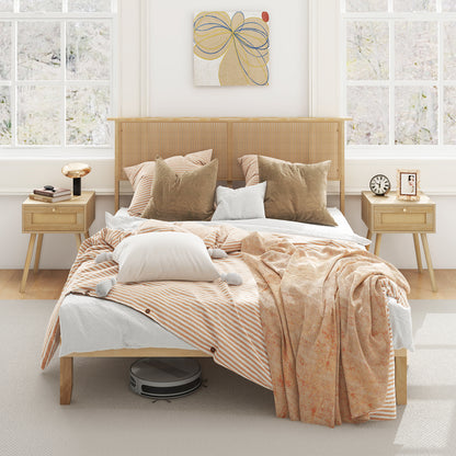 Boho Rattan Headboard Wooden Platform Bed Frame – Queen Size