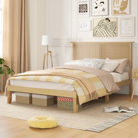 Boho Rattan Headboard Wooden Platform Bed Frame – Full Size