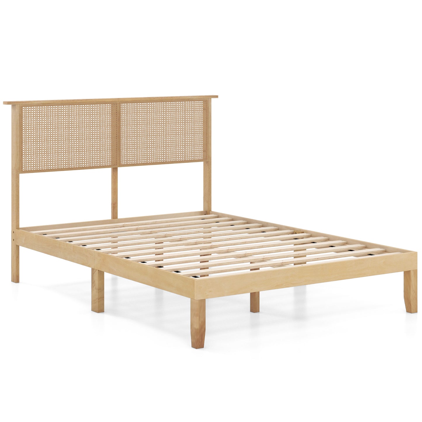 Boho Rattan Headboard Wooden Platform Bed Frame – Full Size
