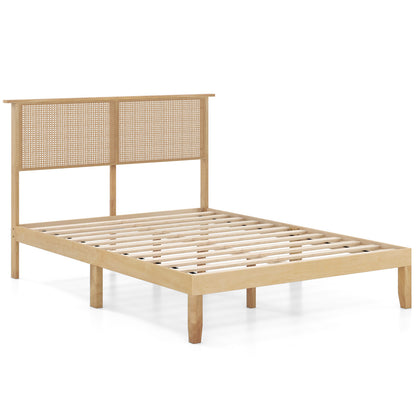 Boho Rattan Headboard Wooden Platform Bed Frame – Full Size