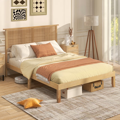 Boho Rattan Headboard Wooden Platform Bed Frame – Full Size