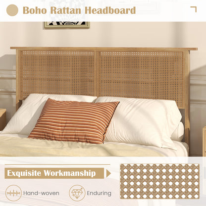 Boho Rattan Headboard Wooden Platform Bed Frame – Full Size