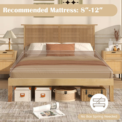 Boho Rattan Headboard Wooden Platform Bed Frame – Full Size