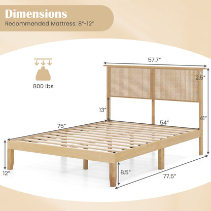 Boho Rattan Headboard Wooden Platform Bed Frame – Full Size