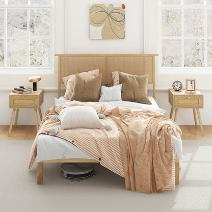 Boho Rattan Headboard Wooden Platform Bed Frame – Full Size