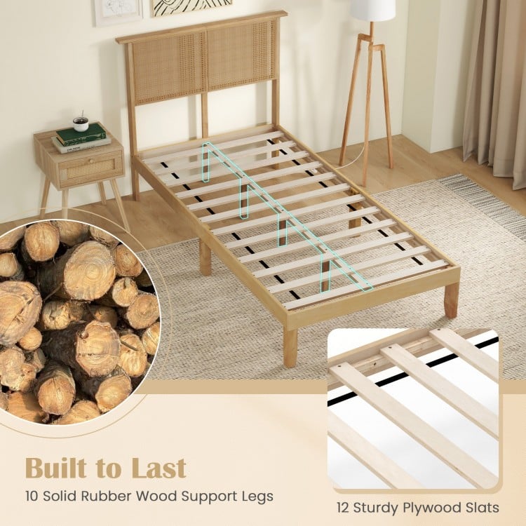 Boho Rattan Headboard Wooden Platform Bed Frame – Twin Size