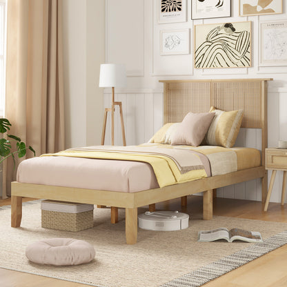 Boho Rattan Headboard Wooden Platform Bed Frame – Twin Size
