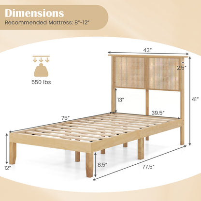 Boho Rattan Headboard Wooden Platform Bed Frame – Twin Size