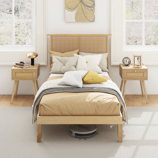 Boho Rattan Headboard Wooden Platform Bed Frame – Twin Size