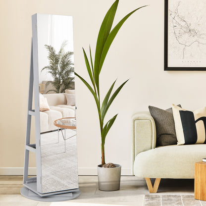 360° Rotating Jewelry Armoire with LED Mirror and Lockable Storage – Grey