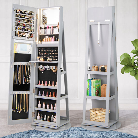 360° Rotating Jewelry Armoire with LED Mirror and Lockable Storage – Grey