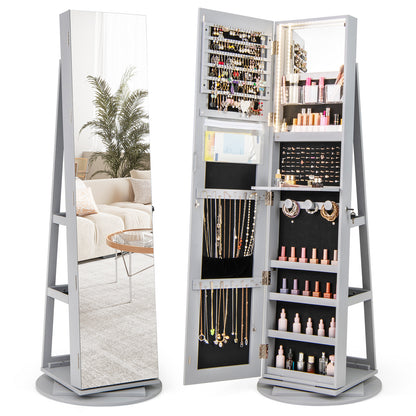 360° Rotating Jewelry Armoire with LED Mirror and Lockable Storage – Grey