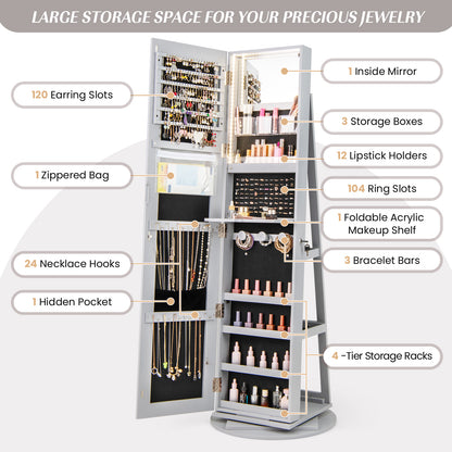 360° Rotating Jewelry Armoire with LED Mirror and Lockable Storage – Grey