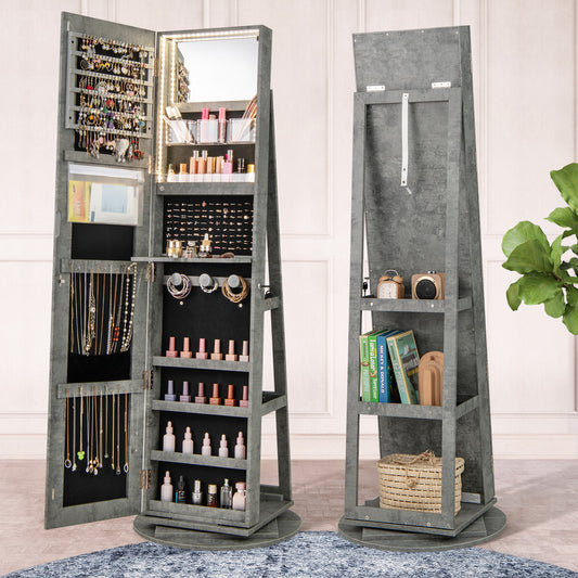 360° Rotating Jewelry Armoire with LED Mirror and Lockable Storage – Green