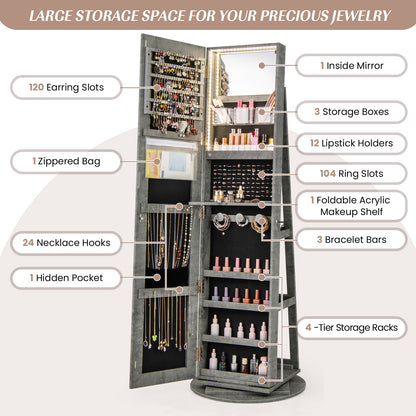 360° Rotating Jewelry Armoire with LED Mirror and Lockable Storage – Green