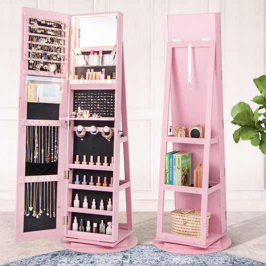 360° Rotating Jewelry Armoire with LED Mirror and Lockable Storage – Pink
