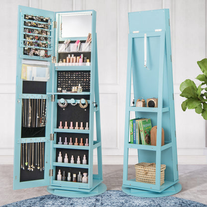 360° Rotating Jewelry Armoire with LED Mirror and Lockable Storage – Blue