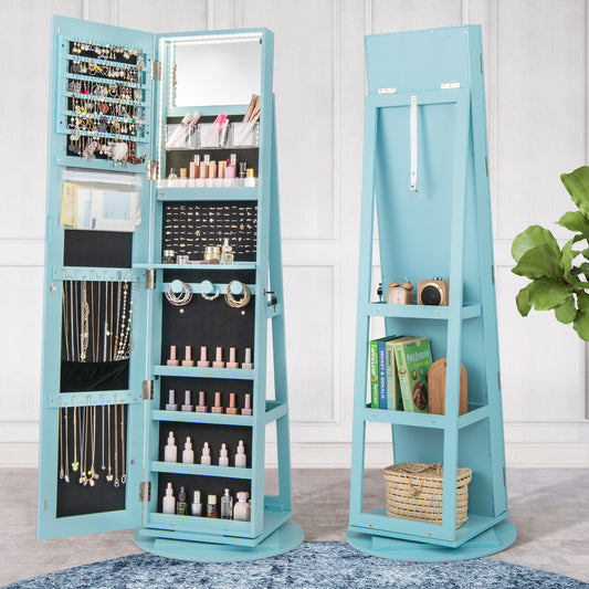 360° Rotating Jewelry Armoire with LED Mirror and Lockable Storage – Blue