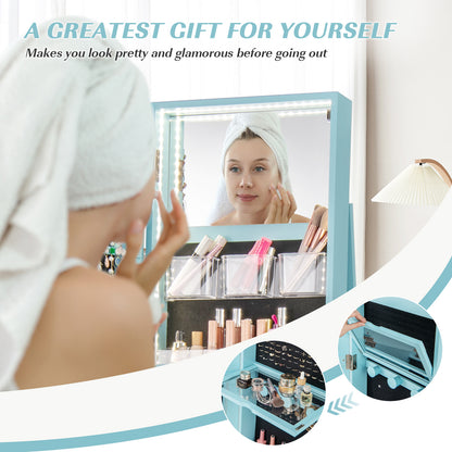 360° Rotating Jewelry Armoire with LED Mirror and Lockable Storage – Blue