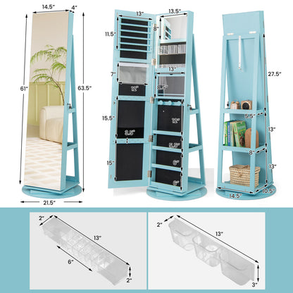 360° Rotating Jewelry Armoire with LED Mirror and Lockable Storage – Blue