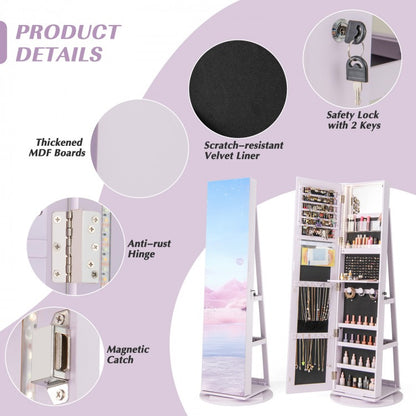 360° Rotating Jewelry Armoire with LED Mirror and Lockable Storage – Purple