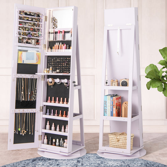 360° Rotating Jewelry Armoire with LED Mirror and Lockable Storage – Purple