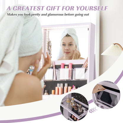 360° Rotating Jewelry Armoire with LED Mirror and Lockable Storage – Purple