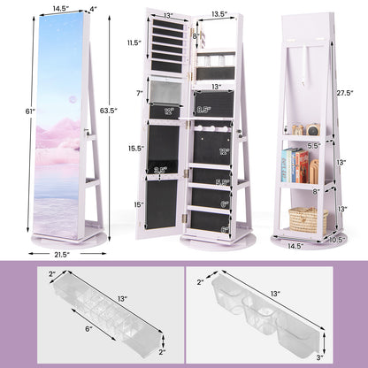 360° Rotating Jewelry Armoire with LED Mirror and Lockable Storage – Purple