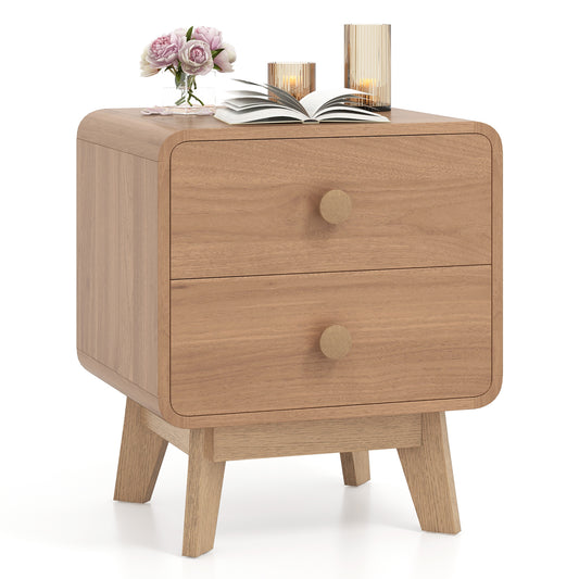 Two Drawer Nightstand with Solid Rubber Wood Legs Brown