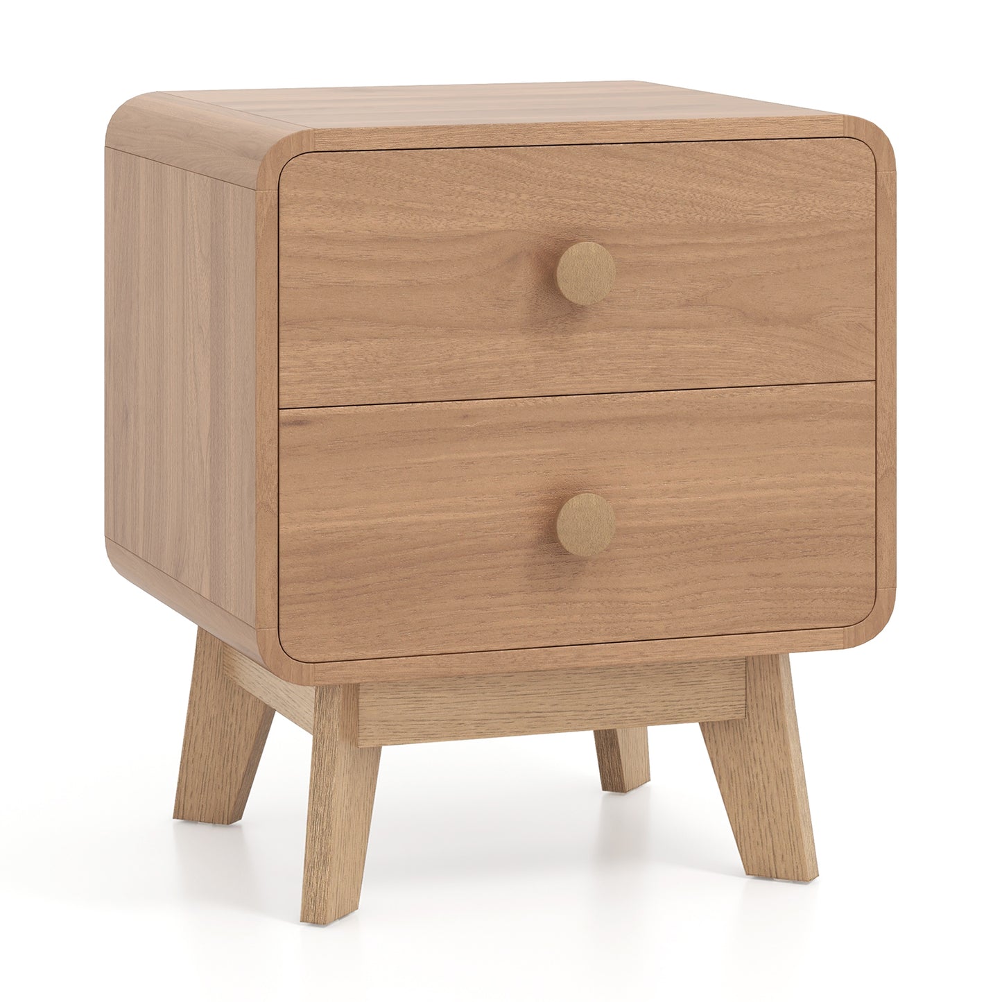 Two Drawer Nightstand with Solid Rubber Wood Legs Brown