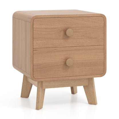 Two Drawer Nightstand with Solid Rubber Wood Legs Brown
