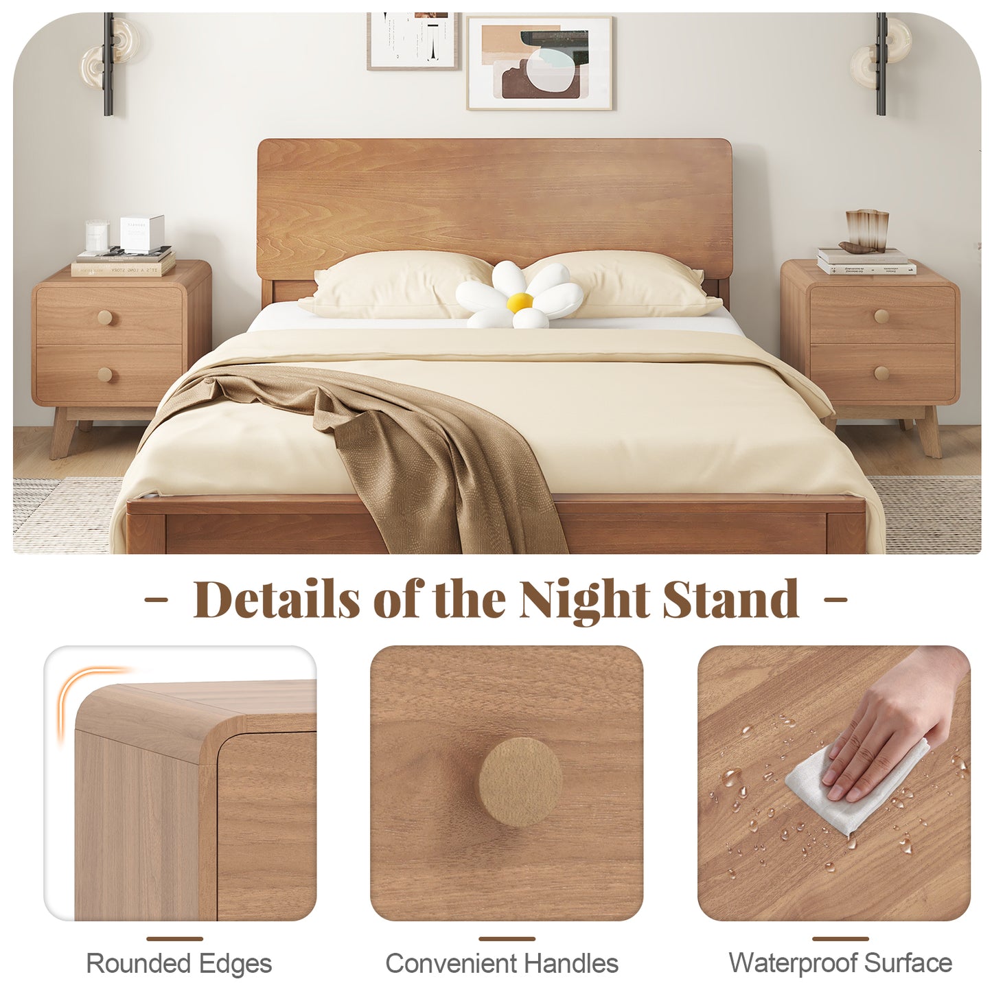 Two Drawer Nightstand with Solid Rubber Wood Legs Brown