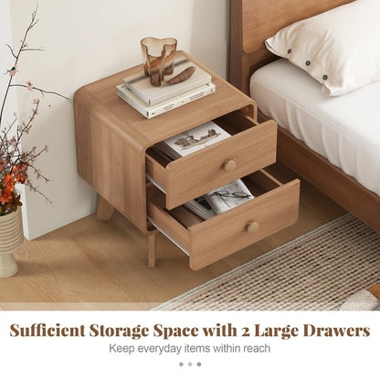 Two Drawer Nightstand with Solid Rubber Wood Legs Brown