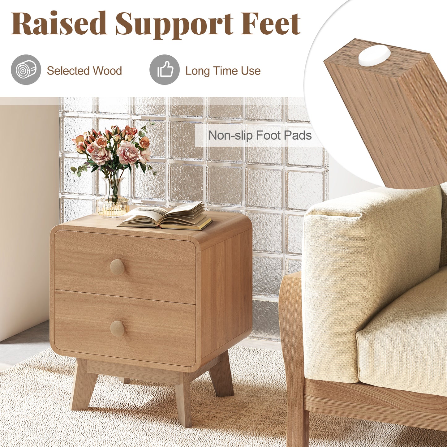 Two Drawer Nightstand with Solid Rubber Wood Legs Brown