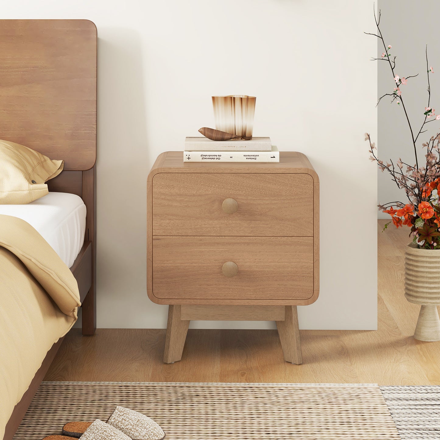 Two Drawer Nightstand with Solid Rubber Wood Legs Brown