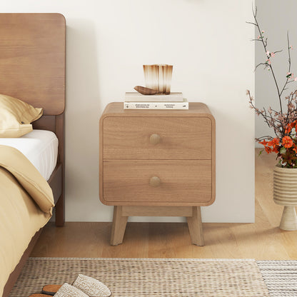 Two Drawer Nightstand with Solid Rubber Wood Legs Brown