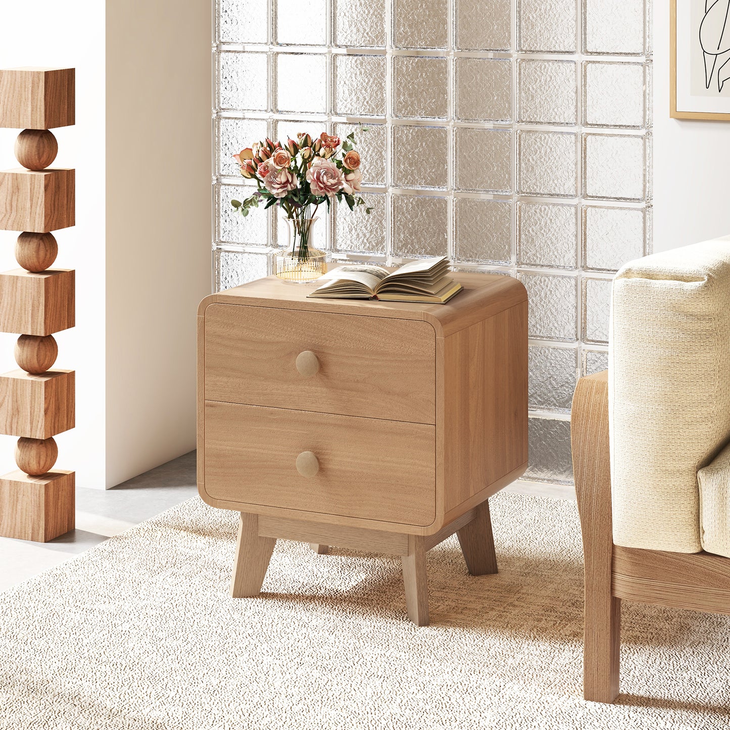 Two Drawer Nightstand with Solid Rubber Wood Legs Brown