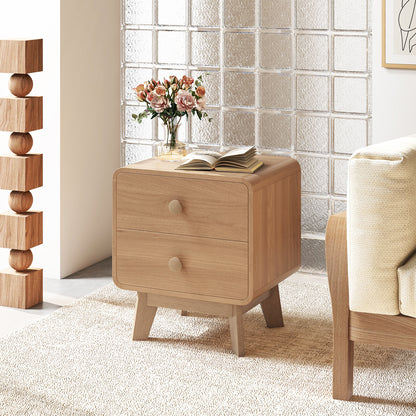 Two Drawer Nightstand with Solid Rubber Wood Legs Brown