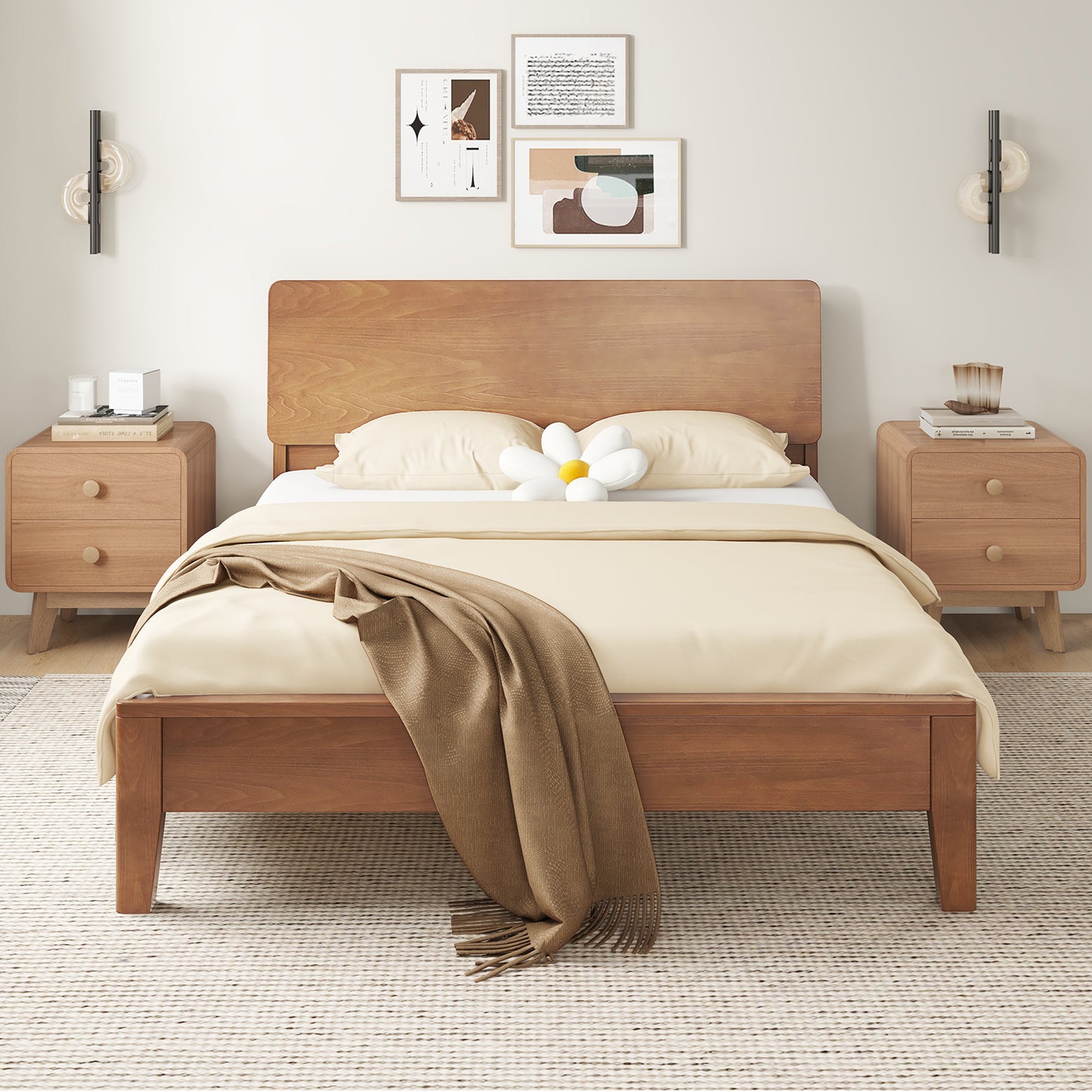 Two Drawer Nightstand with Solid Rubber Wood Legs Brown