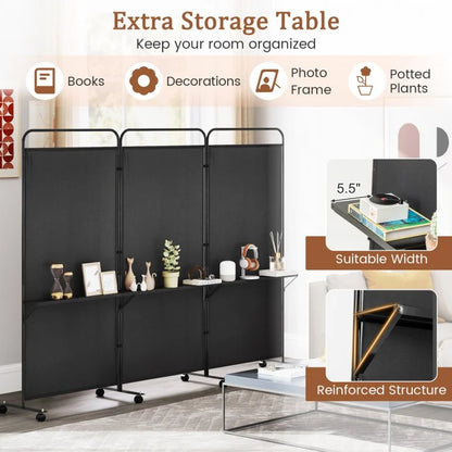 3-Panel Rolling Privacy Screen with 3 Metal Shelves and 180° Swivel Hinges - Black