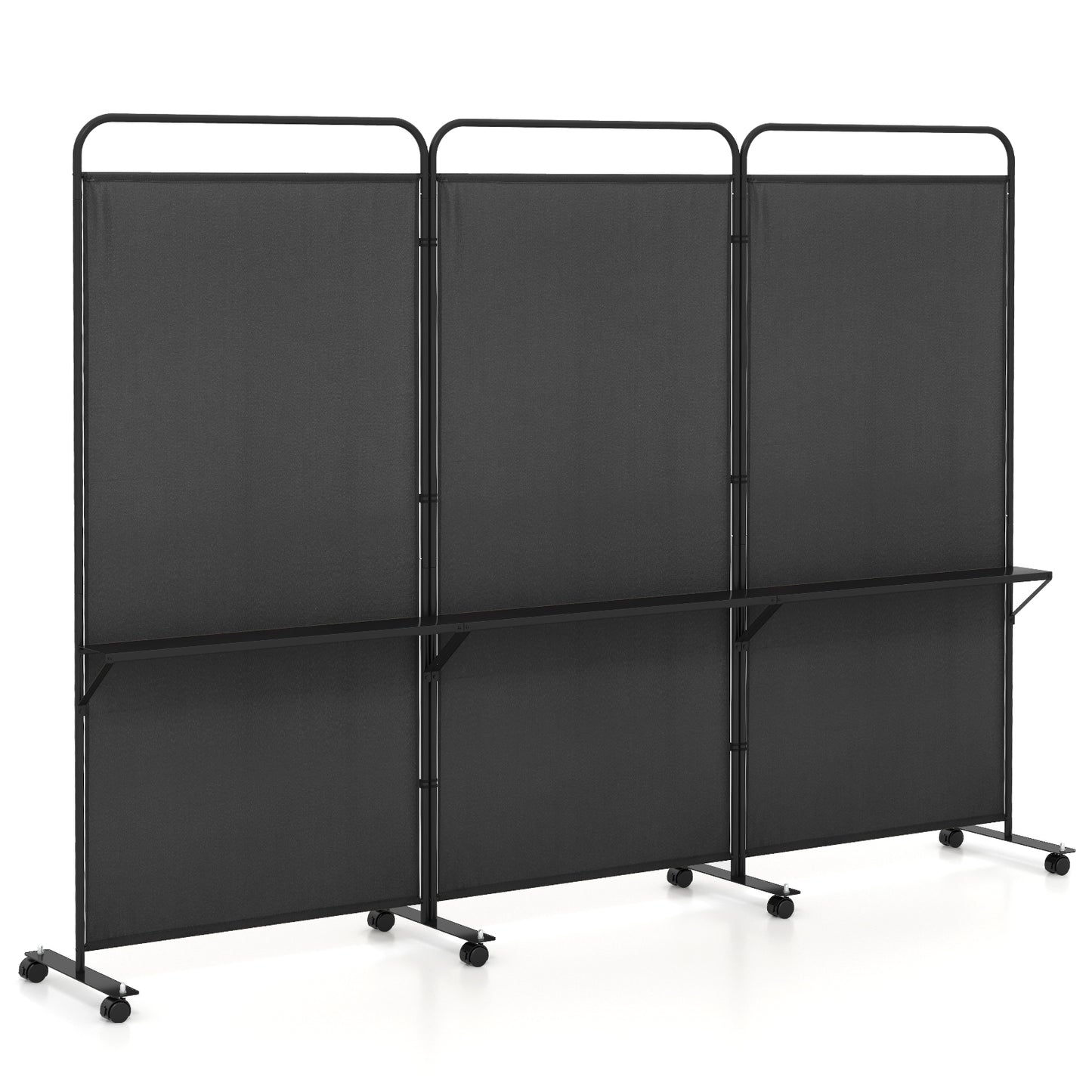3-Panel Rolling Privacy Screen with 3 Metal Shelves and 180° Swivel Hinges - Black