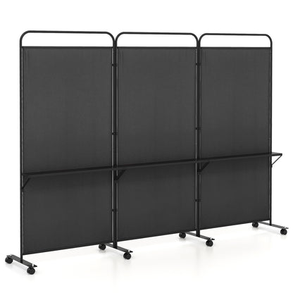 3-Panel Rolling Privacy Screen with 3 Metal Shelves and 180° Swivel Hinges - Black