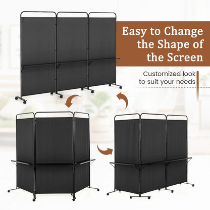 3-Panel Rolling Privacy Screen with 3 Metal Shelves and 180° Swivel Hinges - Black