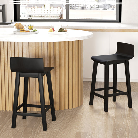 Wooden Bar Stools Set of 2 with Backrest and Footrest in Black Finish, 24.5 Inch