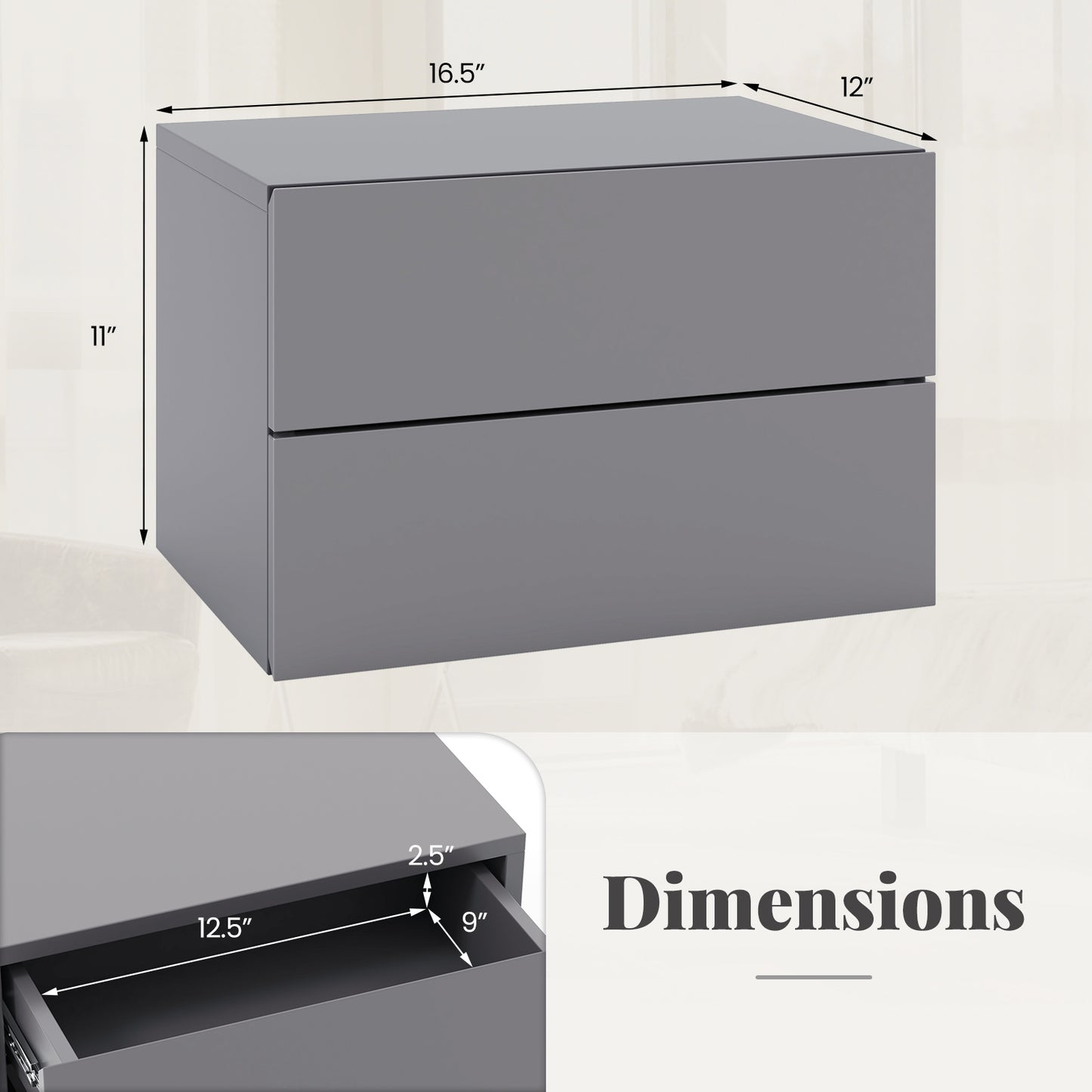 Wall Mounted Nightstand with 2 Drawers and Storage Shelf in Grey
