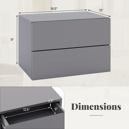 Wall Mounted Nightstand with 2 Drawers and Storage Shelf in Grey