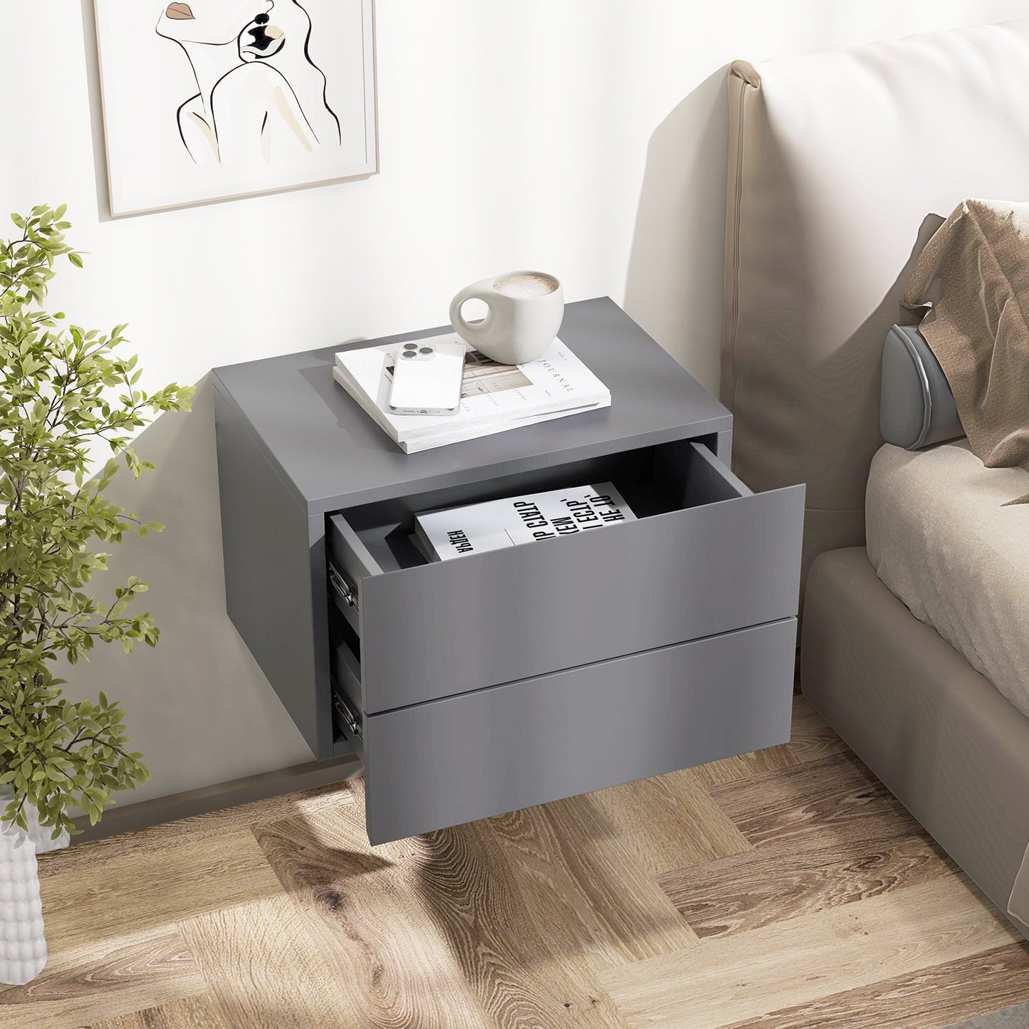Wall Mounted Nightstand with 2 Drawers and Storage Shelf in Grey