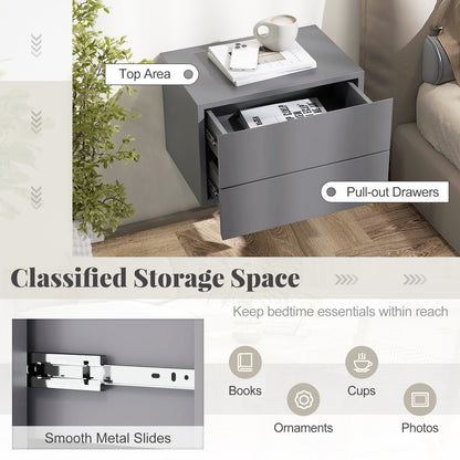 Wall Mounted Nightstand with 2 Drawers and Storage Shelf in Grey