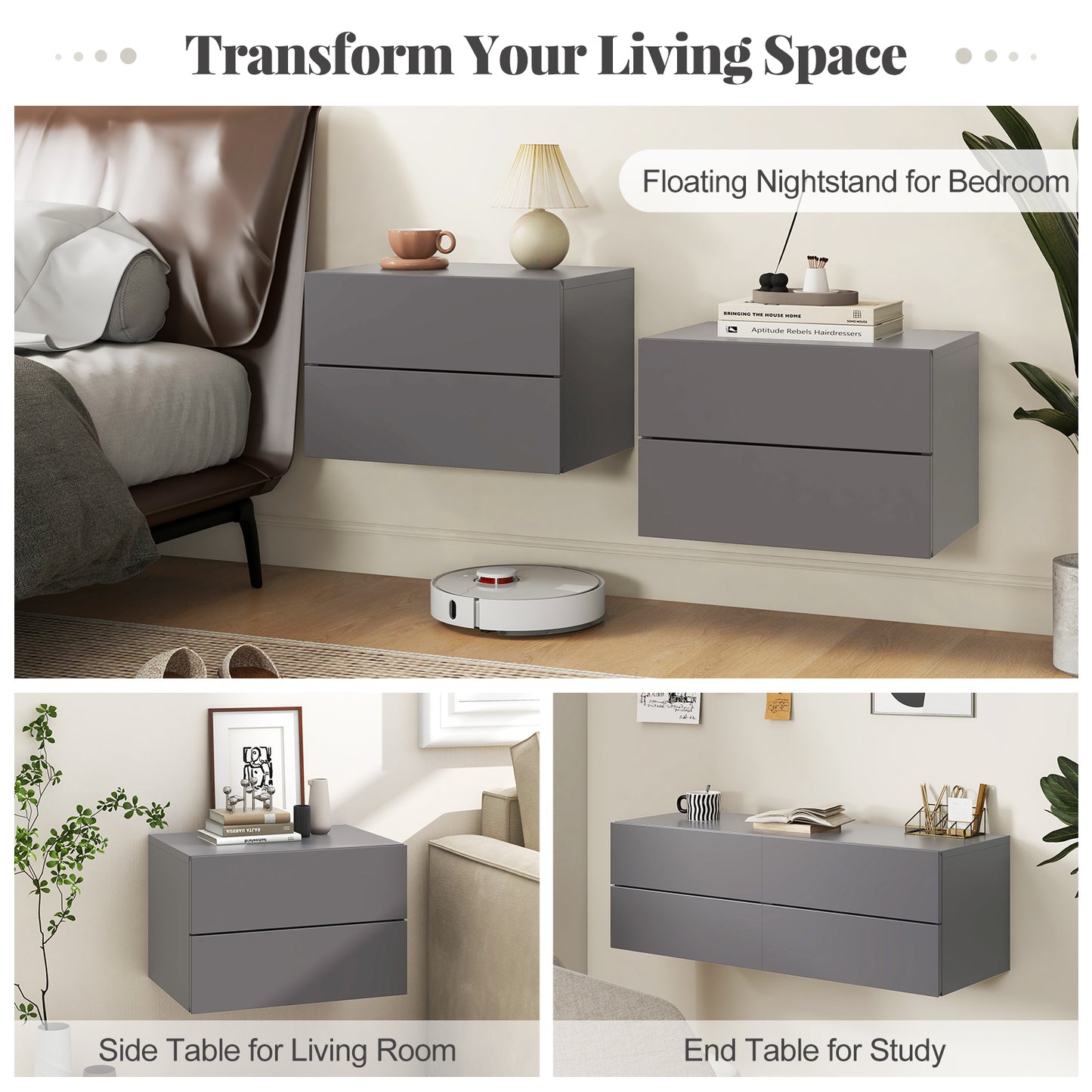 Wall Mounted Nightstand with 2 Drawers and Storage Shelf in Grey